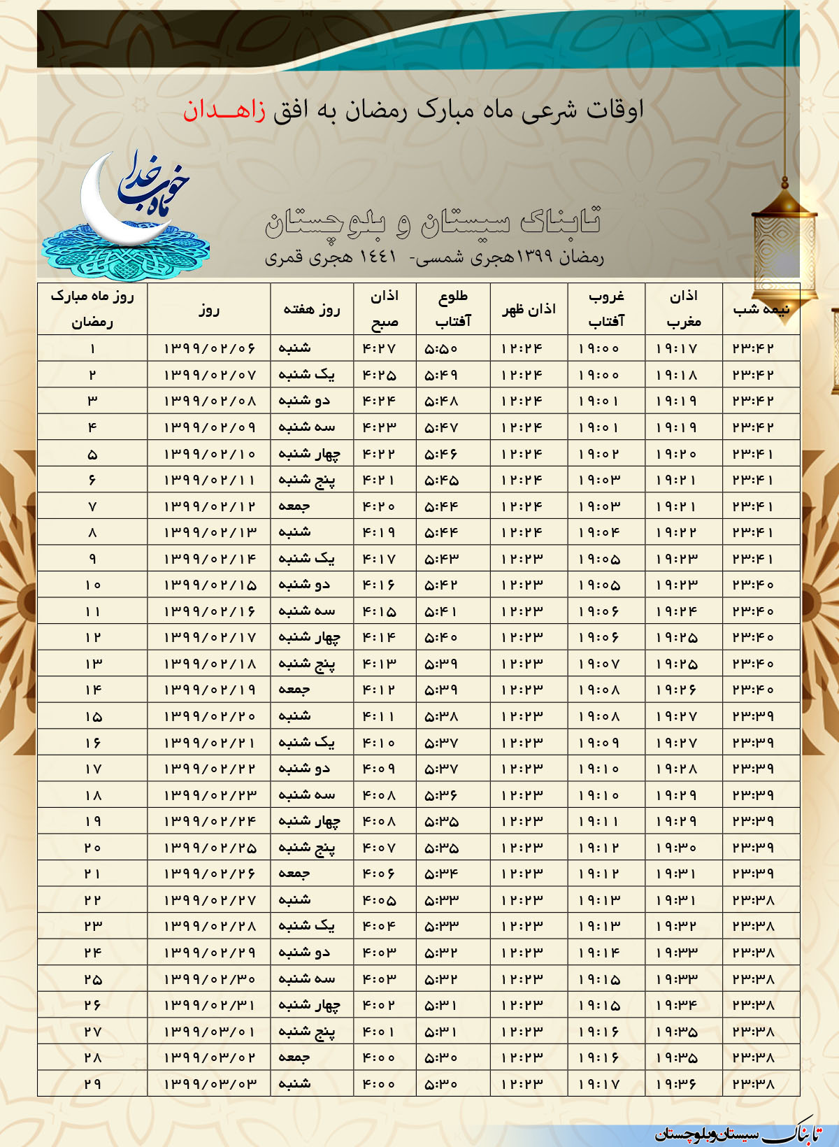 اوقات شرعی ماه مبارک رمضان 1398 به وقت شهرستان های استان سیستان و بلوچستان