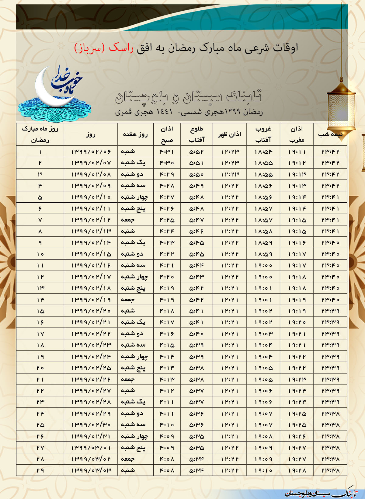 اوقات شرعی ماه مبارک رمضان 1398 به وقت شهرستان های استان سیستان و بلوچستان