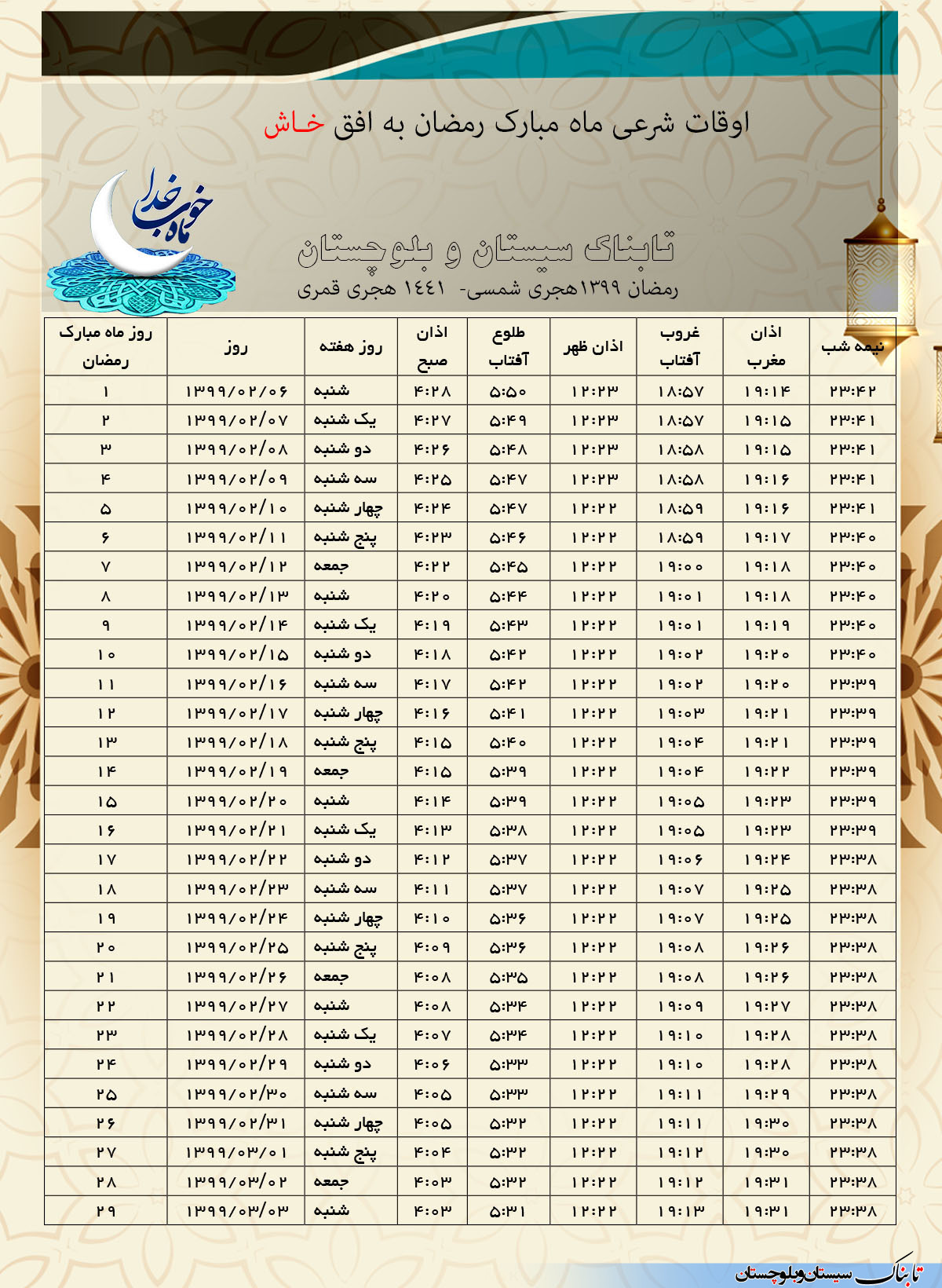 اوقات شرعی ماه مبارک رمضان 1398 به وقت شهرستان های استان سیستان و بلوچستان